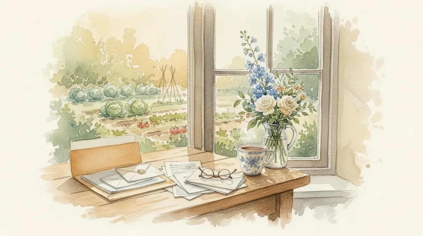 Watercolour of a kitchen table by a cottage window with an open folder of papers, unopened envelopes, reading glasses and a mug of tea