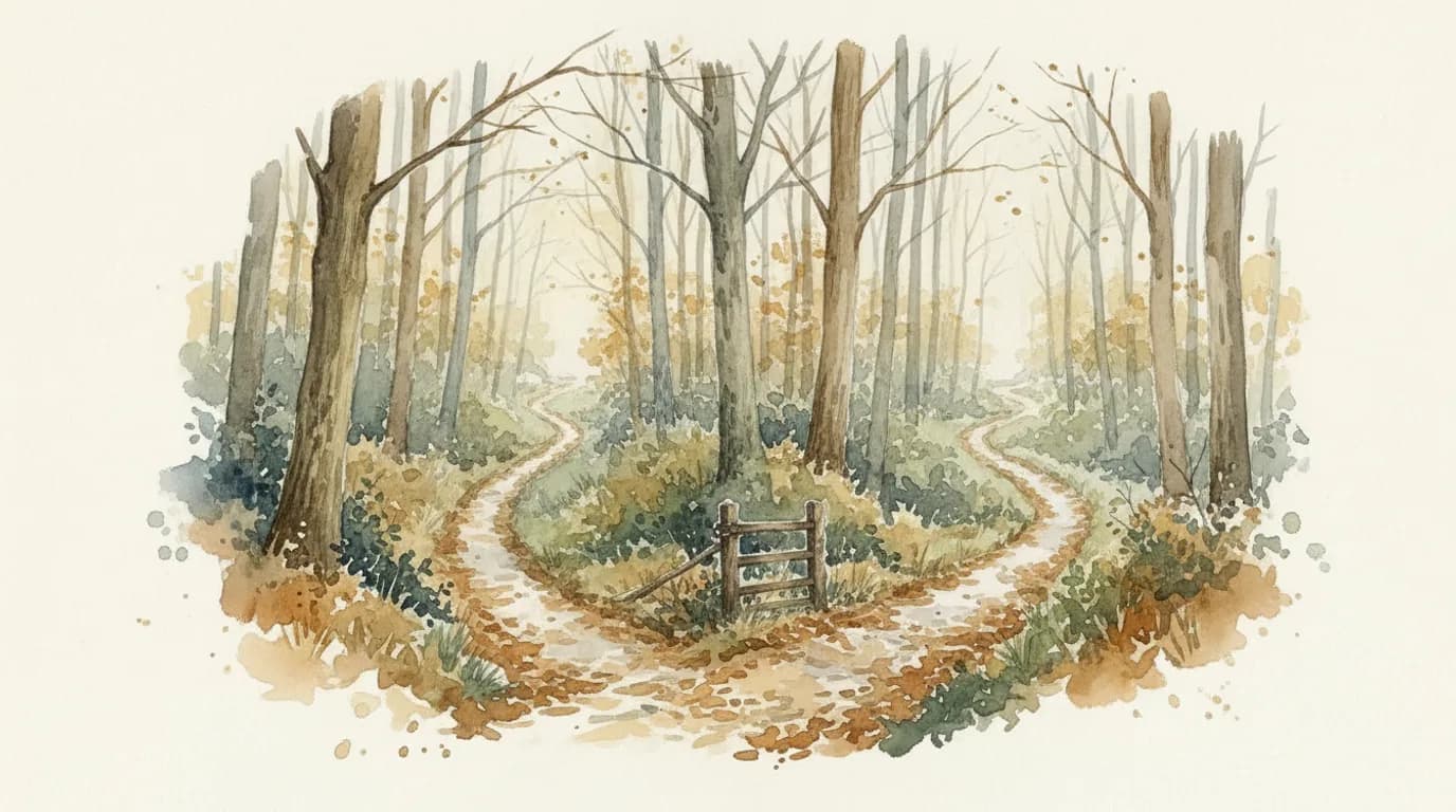 Watercolour of two woodland paths converging into one, autumn leaves on both
