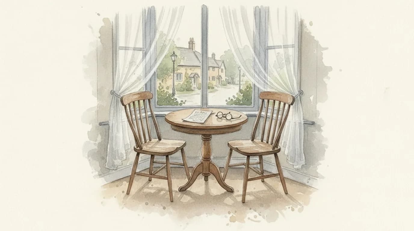 Watercolour of two wooden chairs beside a small table with a document and a pair of spectacles