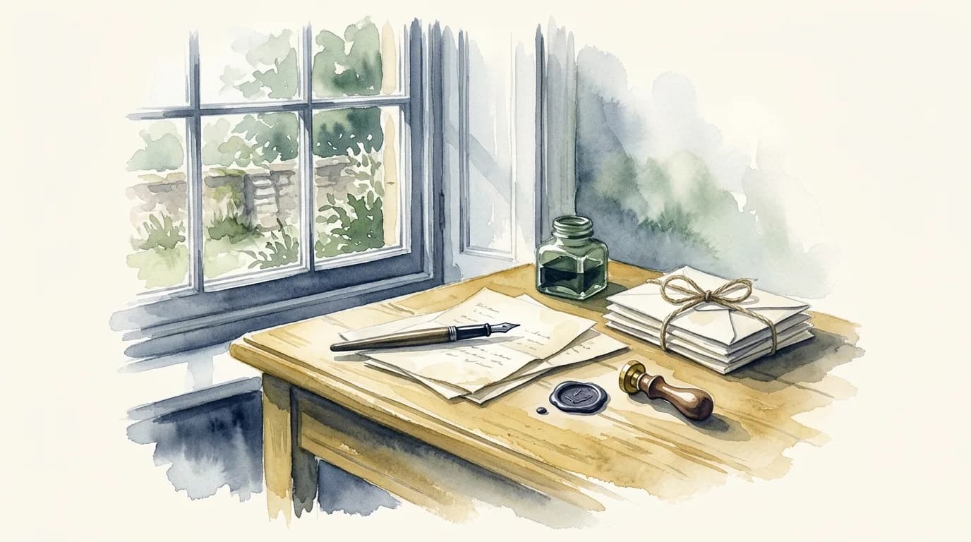 Watercolour still life of a writing desk with fountain pen, sealed letters and envelopes tied with string