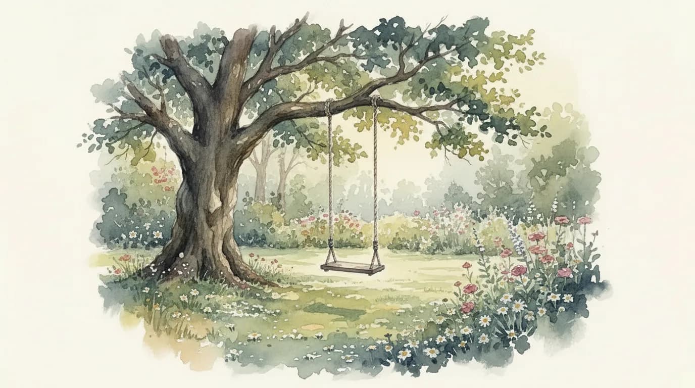 Watercolour of a child’s swing hanging from an oak tree in a summer garden, empty and gently lit