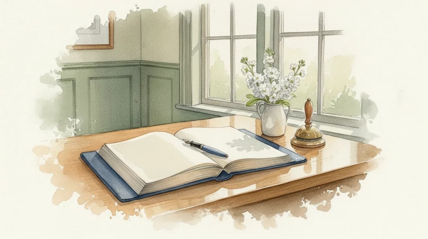 Watercolour of a wide leather-bound register open on a polished oak table in a quiet municipal office, tall sash window and a vase of white stocks behind