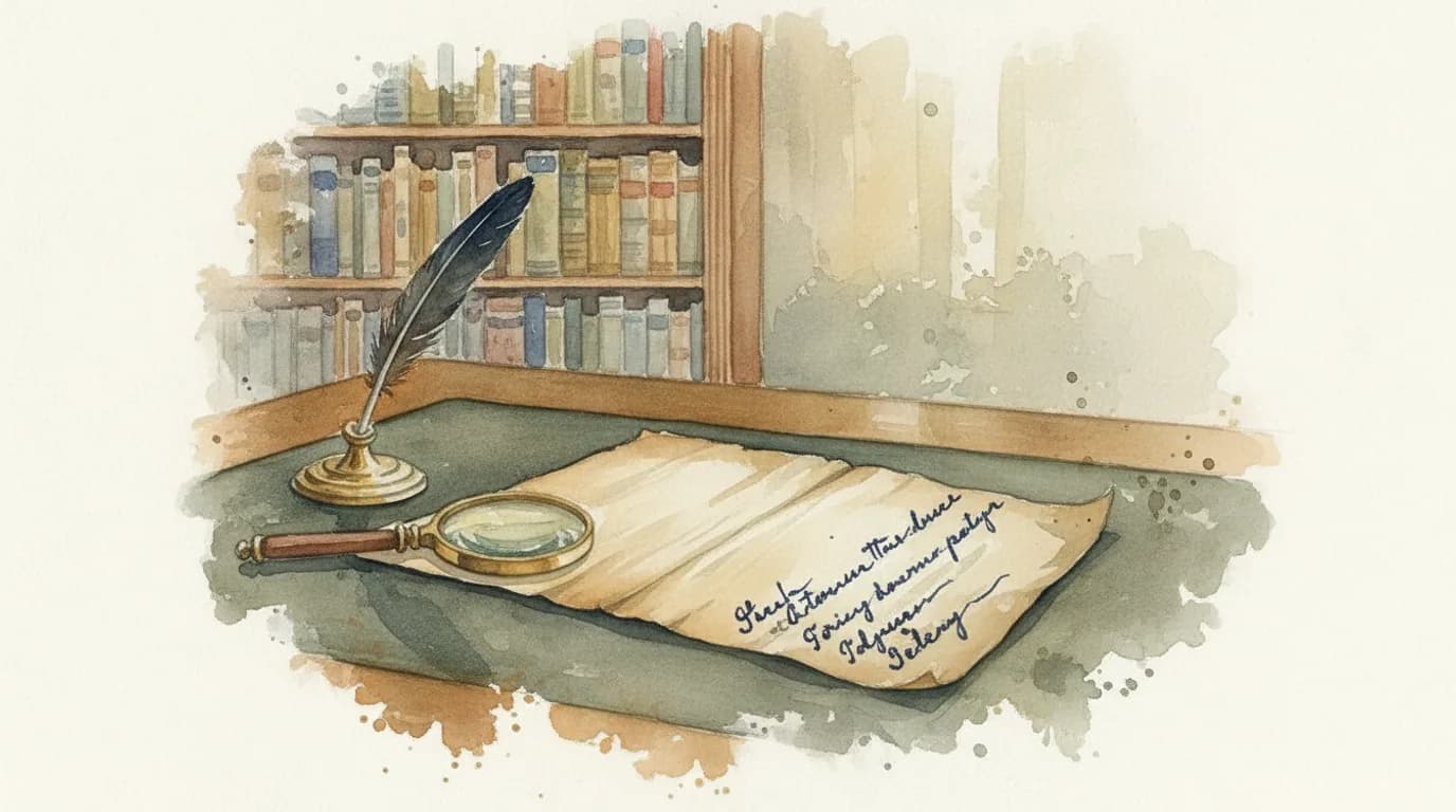 Watercolour of an old document with fresh ink annotations beside a quill and magnifying glass