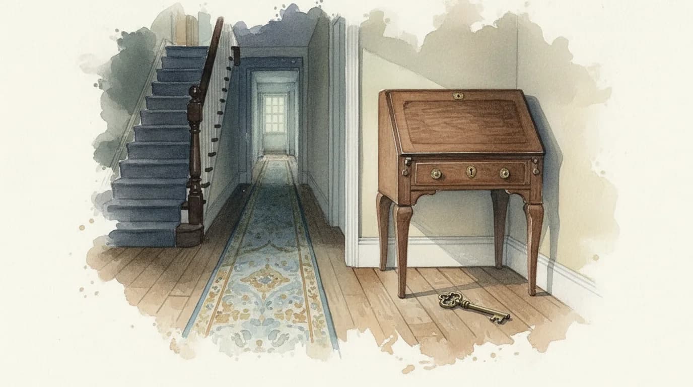 Watercolour of a closed and locked writing bureau in a quiet hallway with a small brass key lying on the floorboards beneath it