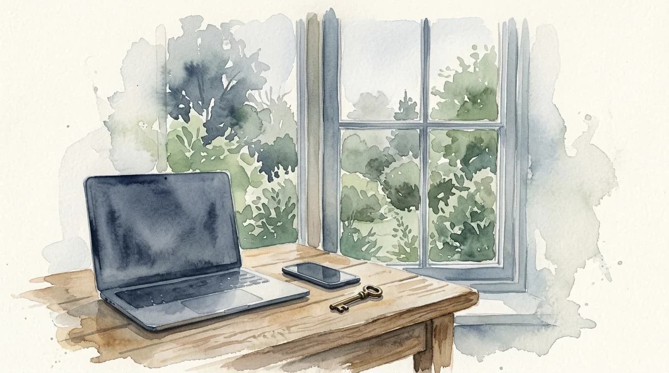 Watercolour still life of a closed laptop, phone and brass key on a desk by a window