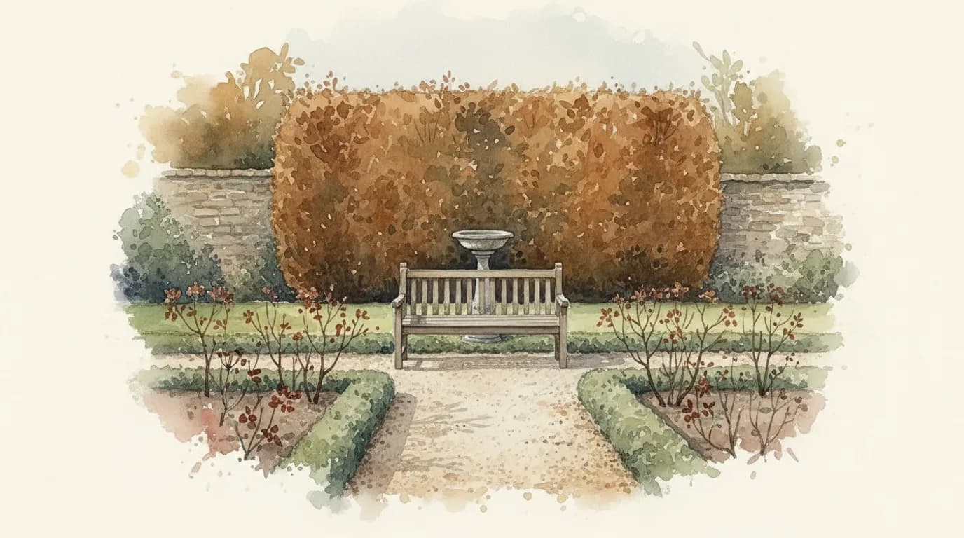 Watercolour of an empty wooden bench in a garden of remembrance, rose beds and a low brick wall in soft autumn light
