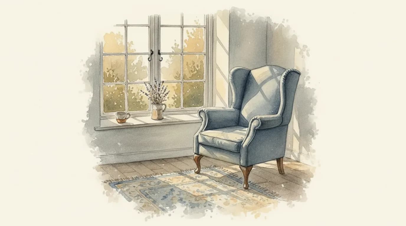 Watercolour of a single armchair drawn up alone to a cottage bay window, one cup on the empty window seat, autumn garden beyond