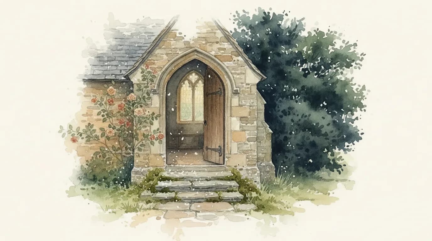 Watercolour of a church porch with scattered confetti on worn stone steps, ivy and summer light beyond