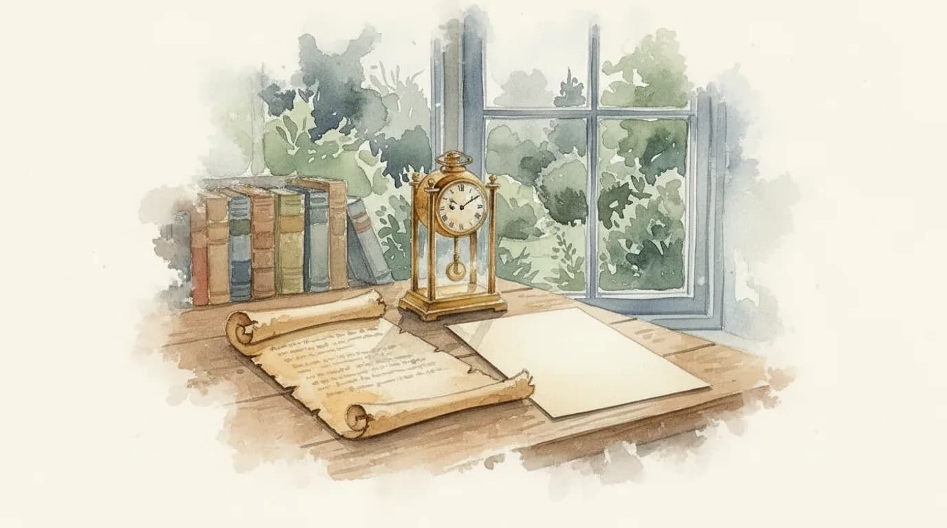 Watercolour of an aged folded document beside a crisp new one on a desk, brass clock behind