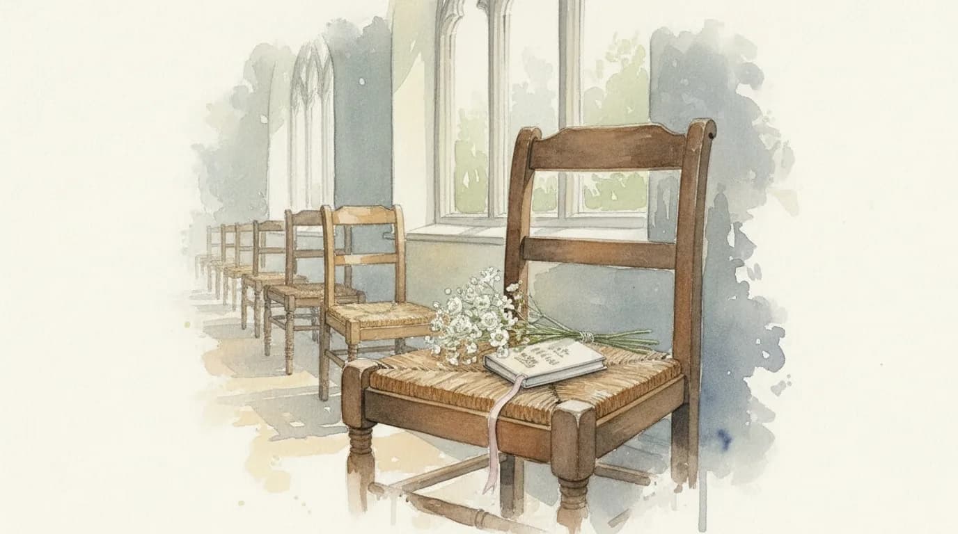 Watercolour of a small printed booklet with a ribbon bookmark resting on a chapel chair