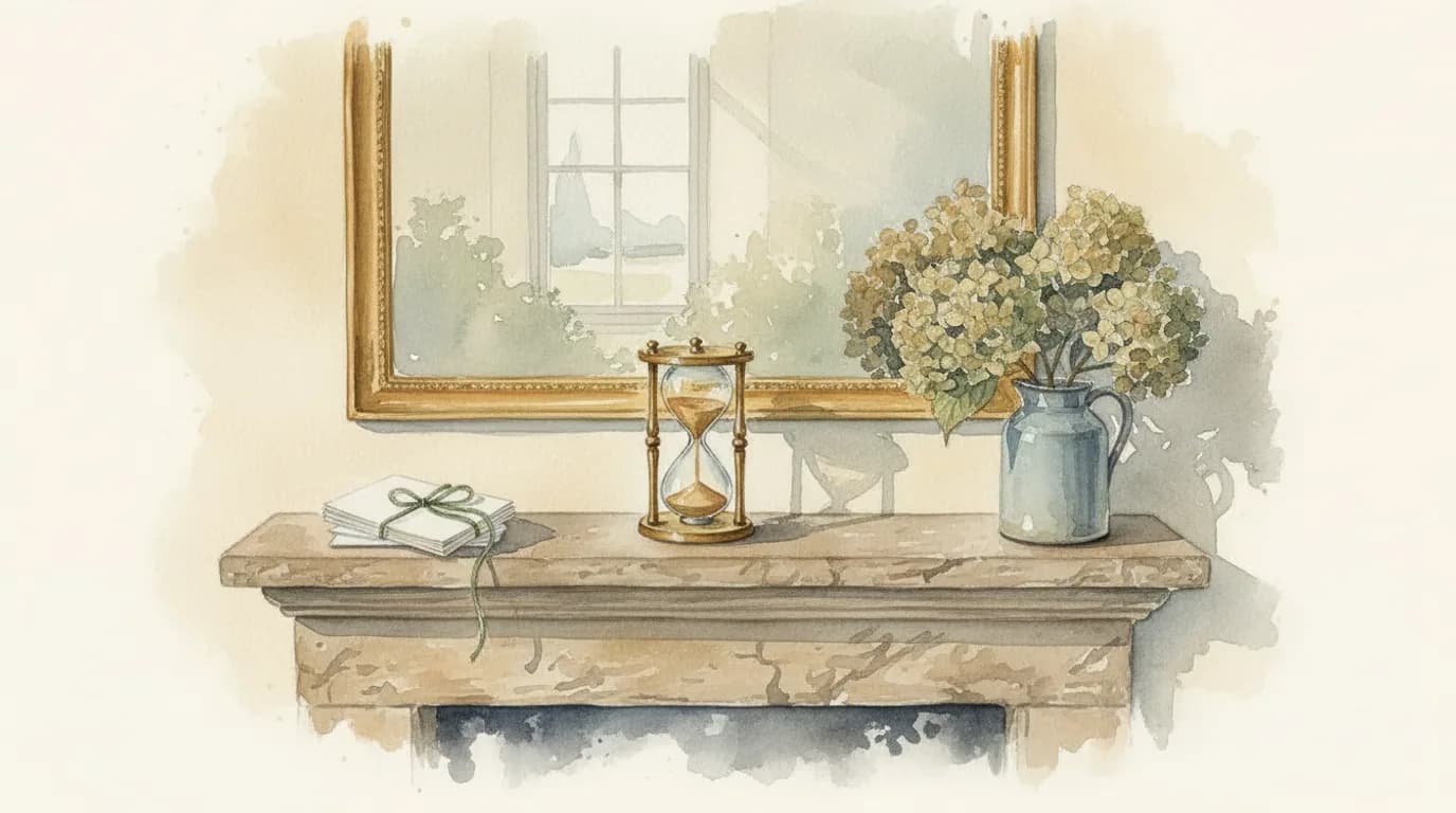 Watercolour of a brass and glass sand timer on a stone mantelpiece beside a small pile of blank cream envelopes and dried hydrangeas