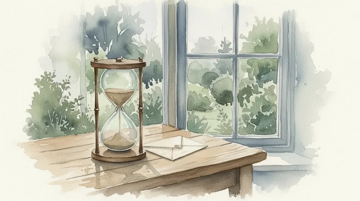 Watercolour of an hourglass on a windowsill with rain on the glass and a garden beyond