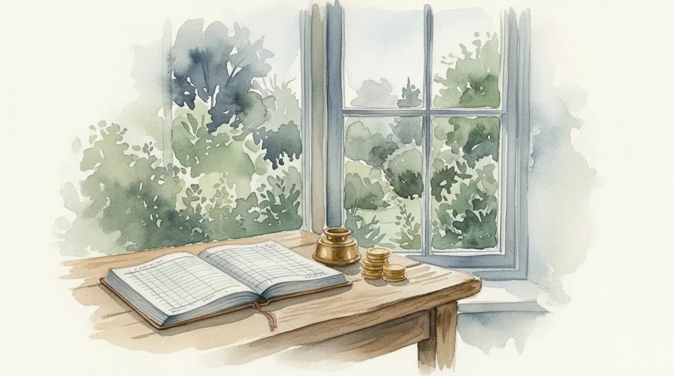 Watercolour of an open ledger book with a brass inkwell and a small stack of pound coins in soft morning light
