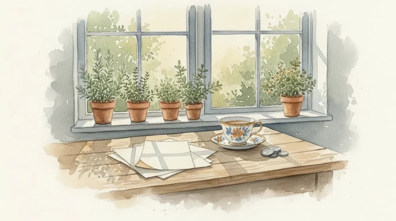 Watercolour of official forms with a small stack of coins and a teacup on a kitchen table