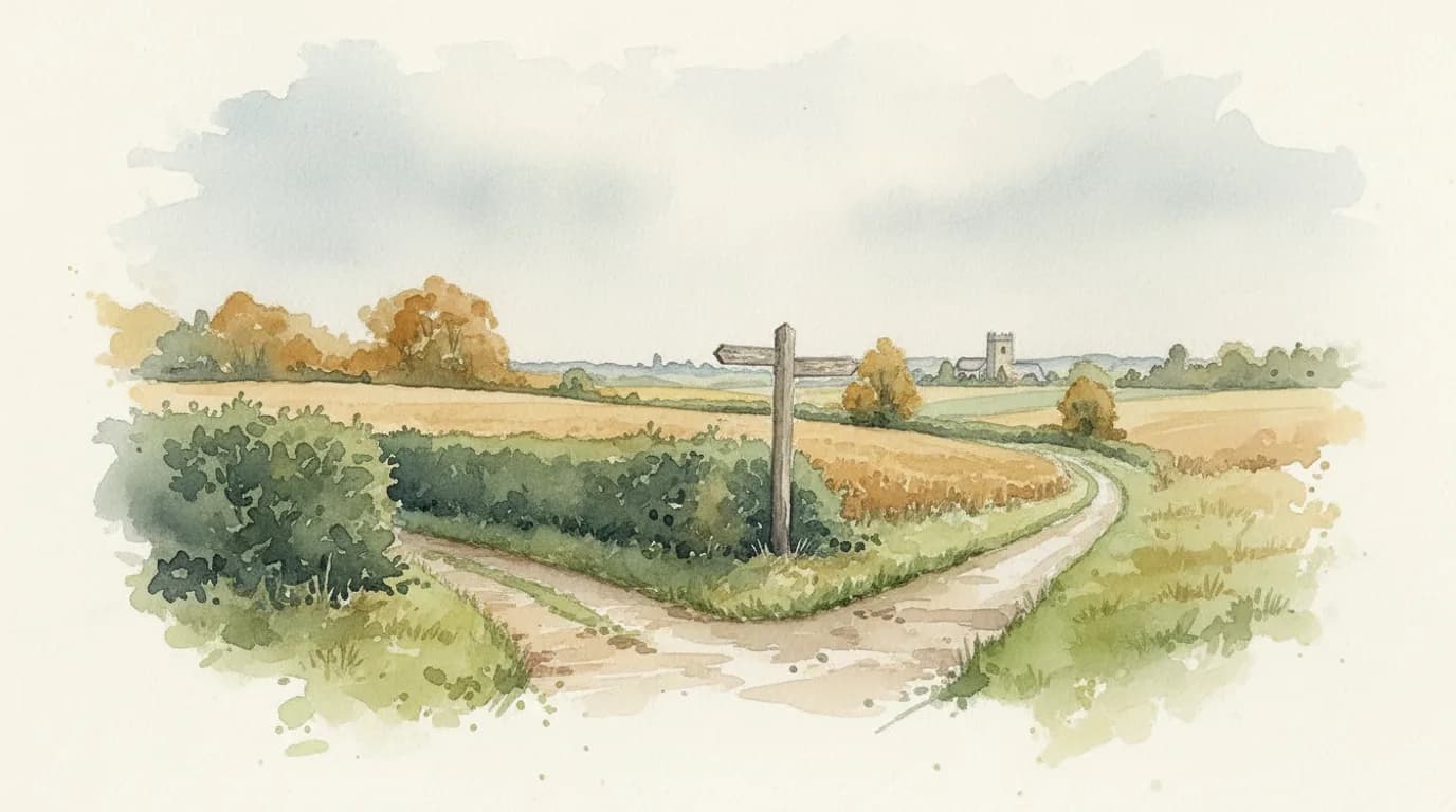 Watercolour of a country crossroads with a weathered wooden signpost, fields beyond