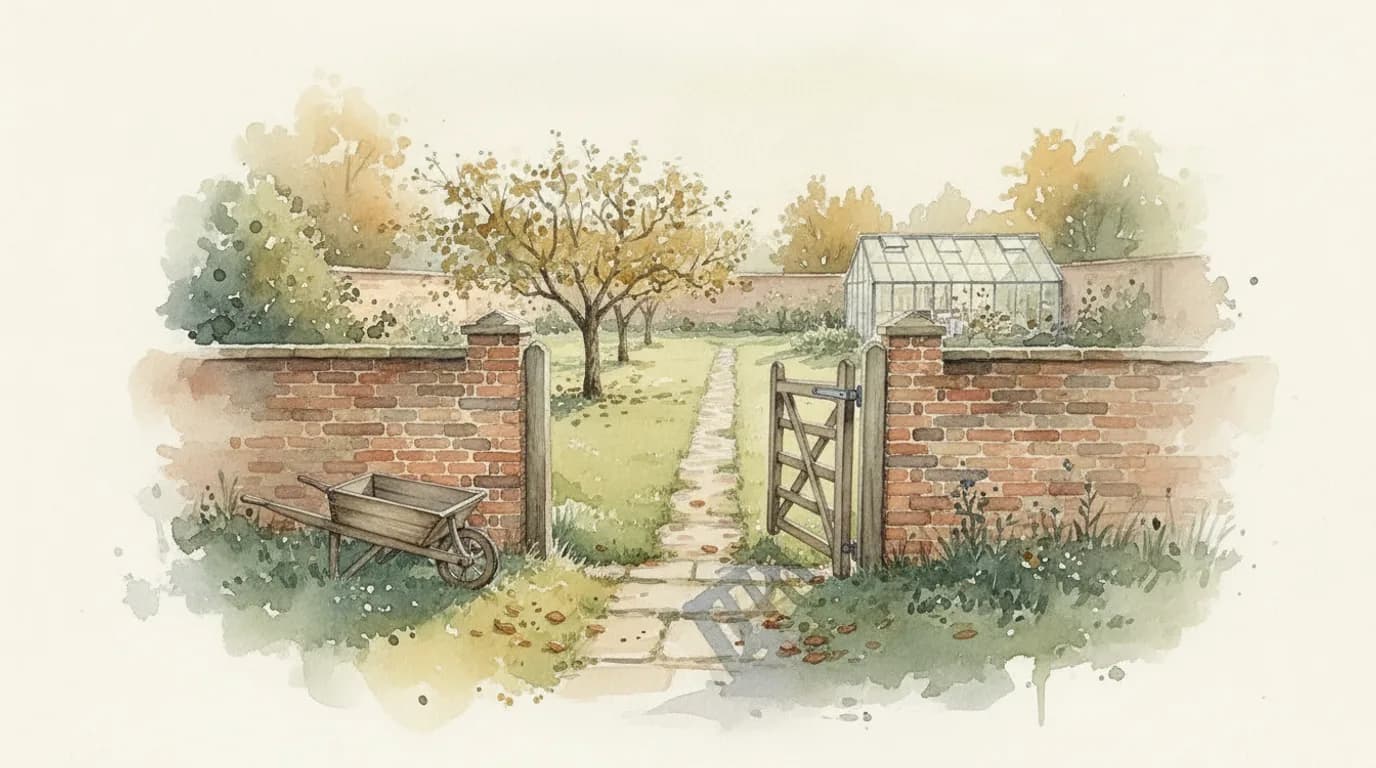 Watercolour of a weathered wooden garden gate standing half open onto a long lawn and an old walled kitchen garden in autumn light