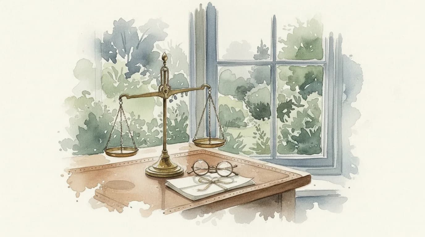 Watercolour of small brass balance scales and a folded deed on a study desk beside a sunlit window