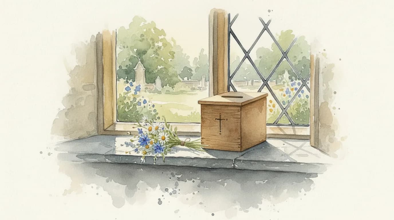 Watercolour of a wooden collection box with a posy of wildflowers on a stone windowsill