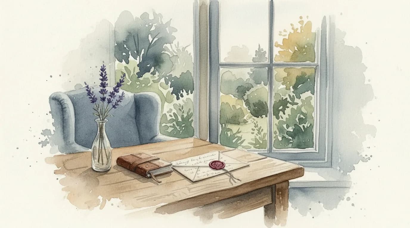 Watercolour of a handwritten letter with a wax seal resting on a wooden desk beside dried lavender