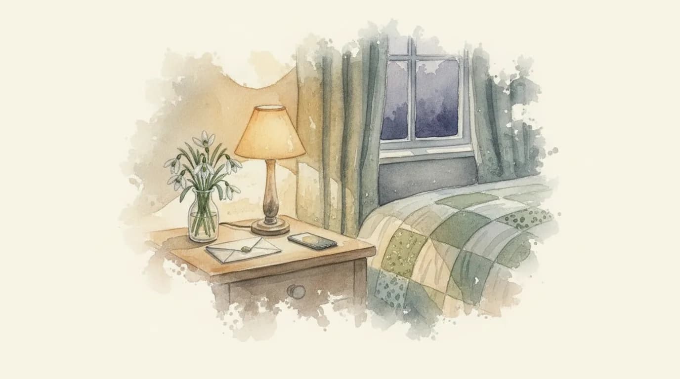 Watercolour of a quiet bedside table with a lamp, folded letter and a small vase of snowdrops