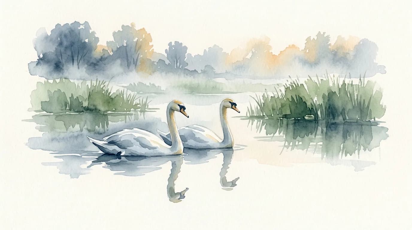 Watercolour of two swans gliding side by side on a misty lake, their reflections mirrored