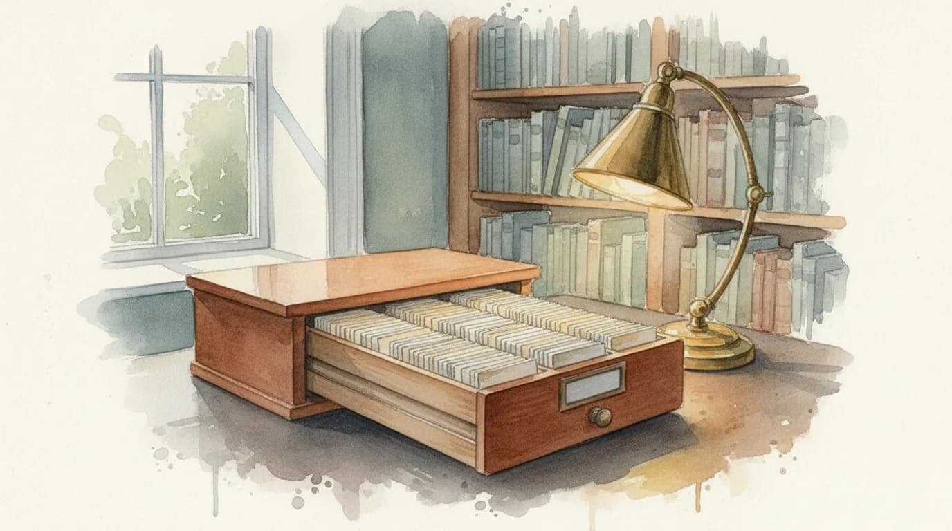 Watercolour of an open wooden card index drawer on a library desk beside a brass lamp and tall bookshelves