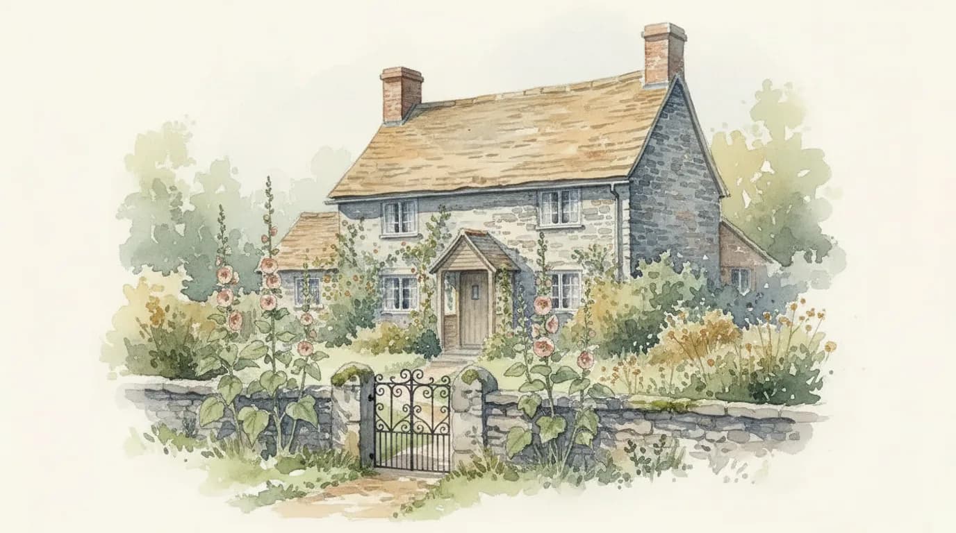 Watercolour of a stone cottage behind a low garden wall with an iron gate, roses climbing the porch