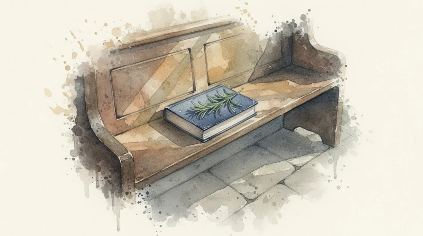 Watercolour of a hymn book and a sprig of rosemary on a wooden pew, light through a stained window