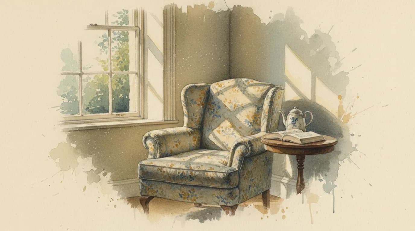 Watercolour of late afternoon light falling across an armchair and side table in a quiet sitting room