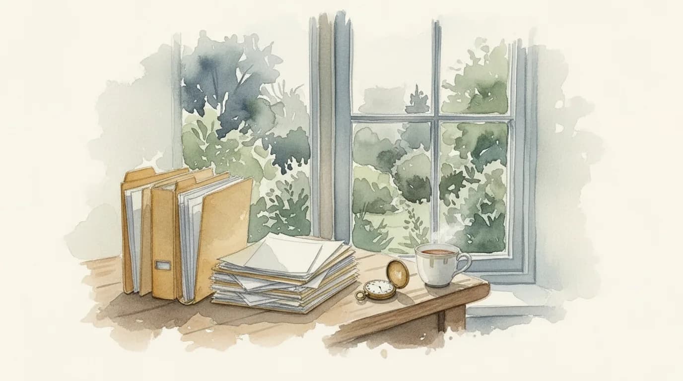 Watercolour of neatly stacked folders, a pocket watch and a cup of tea on a kitchen table
