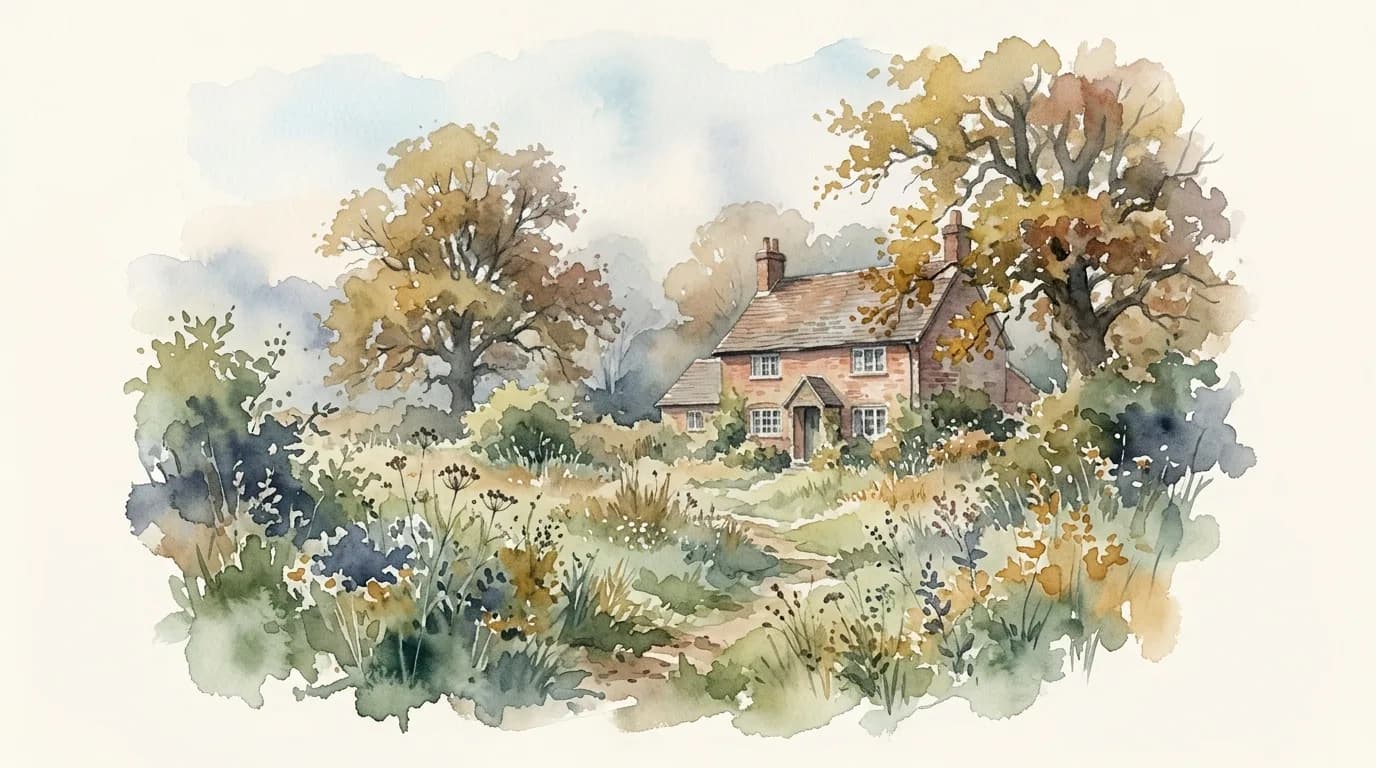 Watercolour of a brick cottage in an overgrown autumn garden, morning haze
