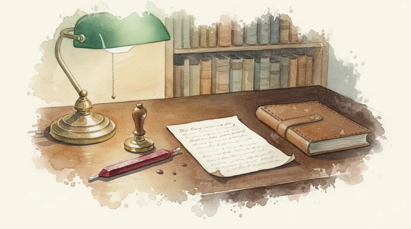 Watercolour of a single handwritten page laid beside a thicker bound document, wax seal nearby