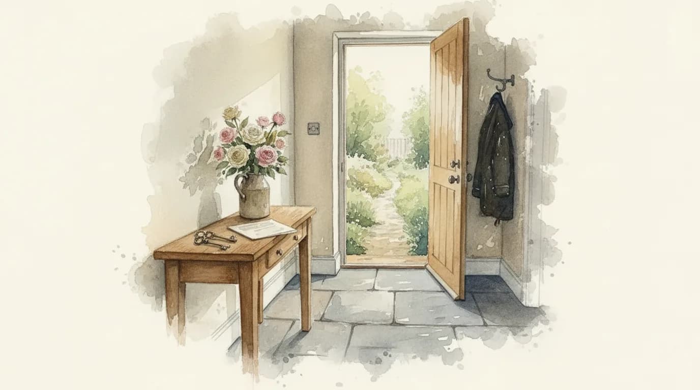 Watercolour of a hall table by a front door with a ring of old brass keys, a folded document and a jug of garden roses in morning light