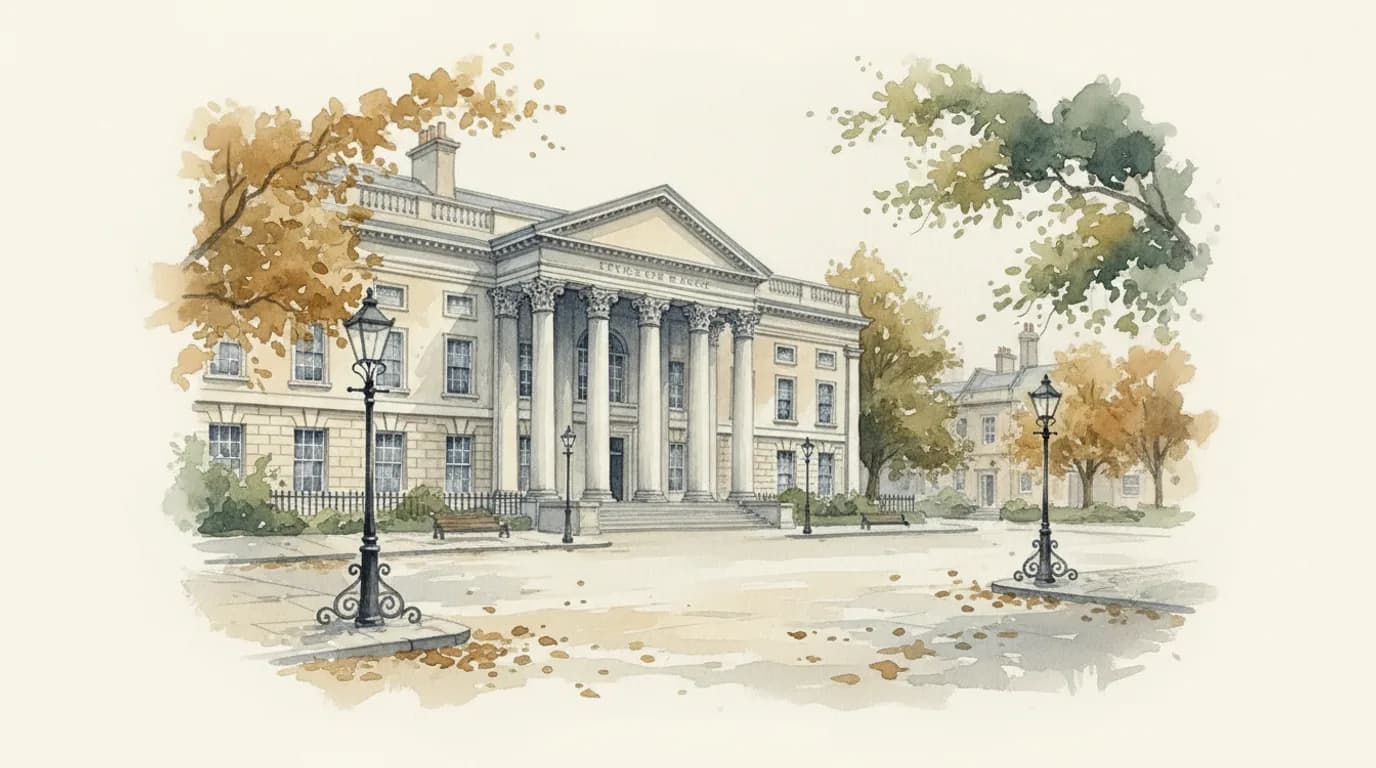 Watercolour of a classical stone building entrance with columns, seen through autumn trees