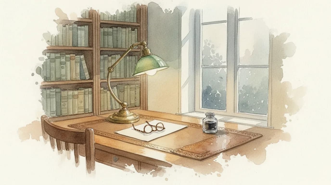 Watercolour of a green-shaded brass desk lamp lighting a blank sheet of paper and a pair of reading glasses on a leather-topped writing desk, bookshelves behind