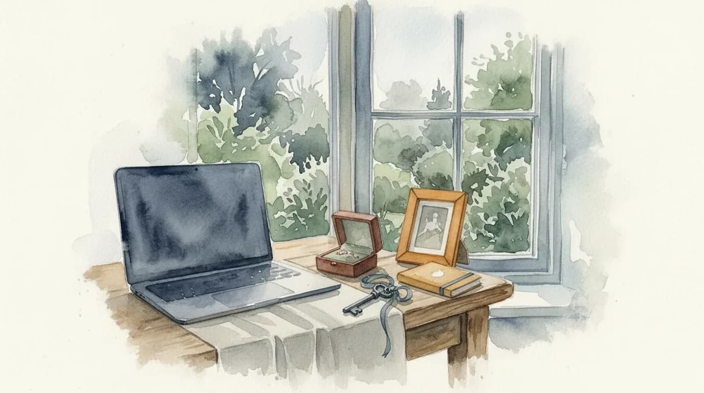 Watercolour of a laptop, jewellery box, house key, notebook and framed photograph gathered on a linen-covered table by a window