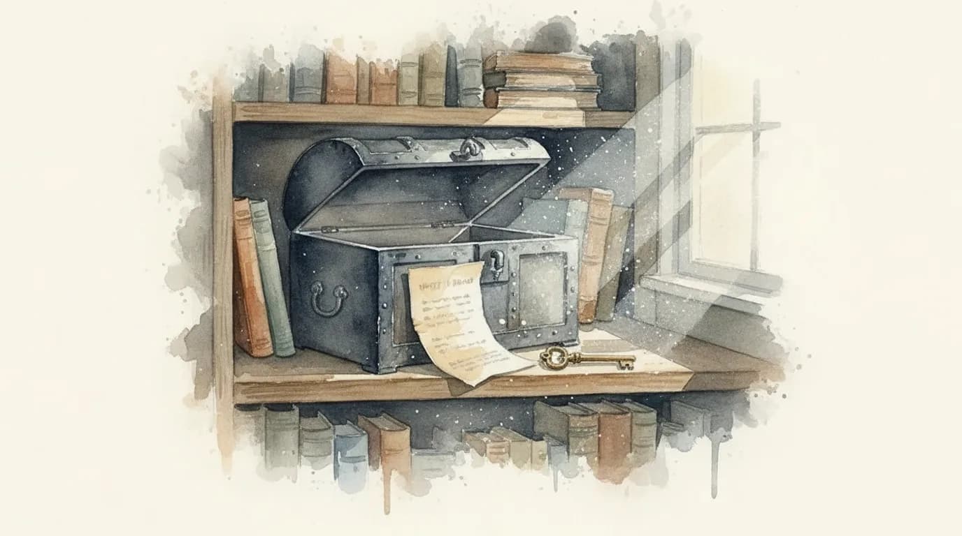 Watercolour of an old iron strongbox with a folded document and brass key on a shelf