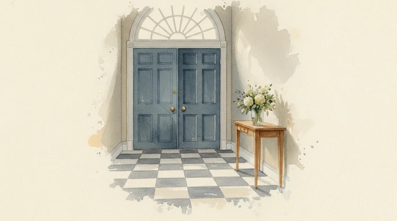 Watercolour of two panelled doors side by side in a Georgian hallway, one ajar