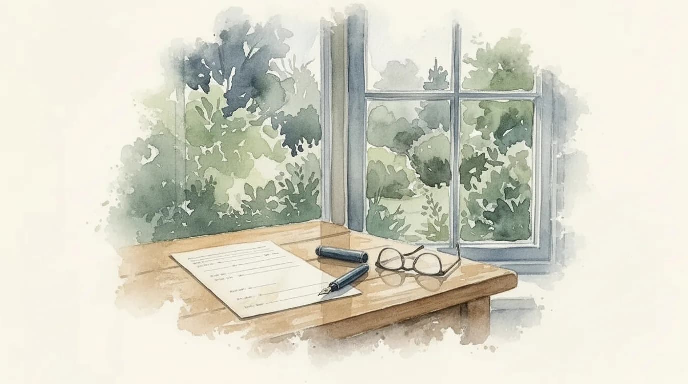 Watercolour of a blank printed form on a wooden desk beside a fountain pen and reading glasses