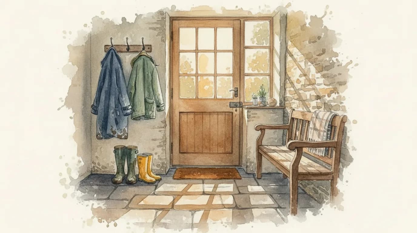 Watercolour of two coats on hooks by a cottage door, wellies beneath, soft evening light