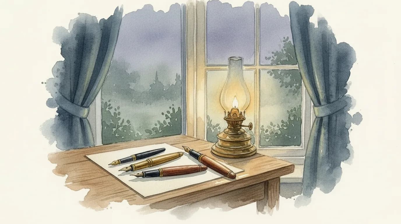 Watercolour of three fountain pens resting beside a signed document on a candlelit table
